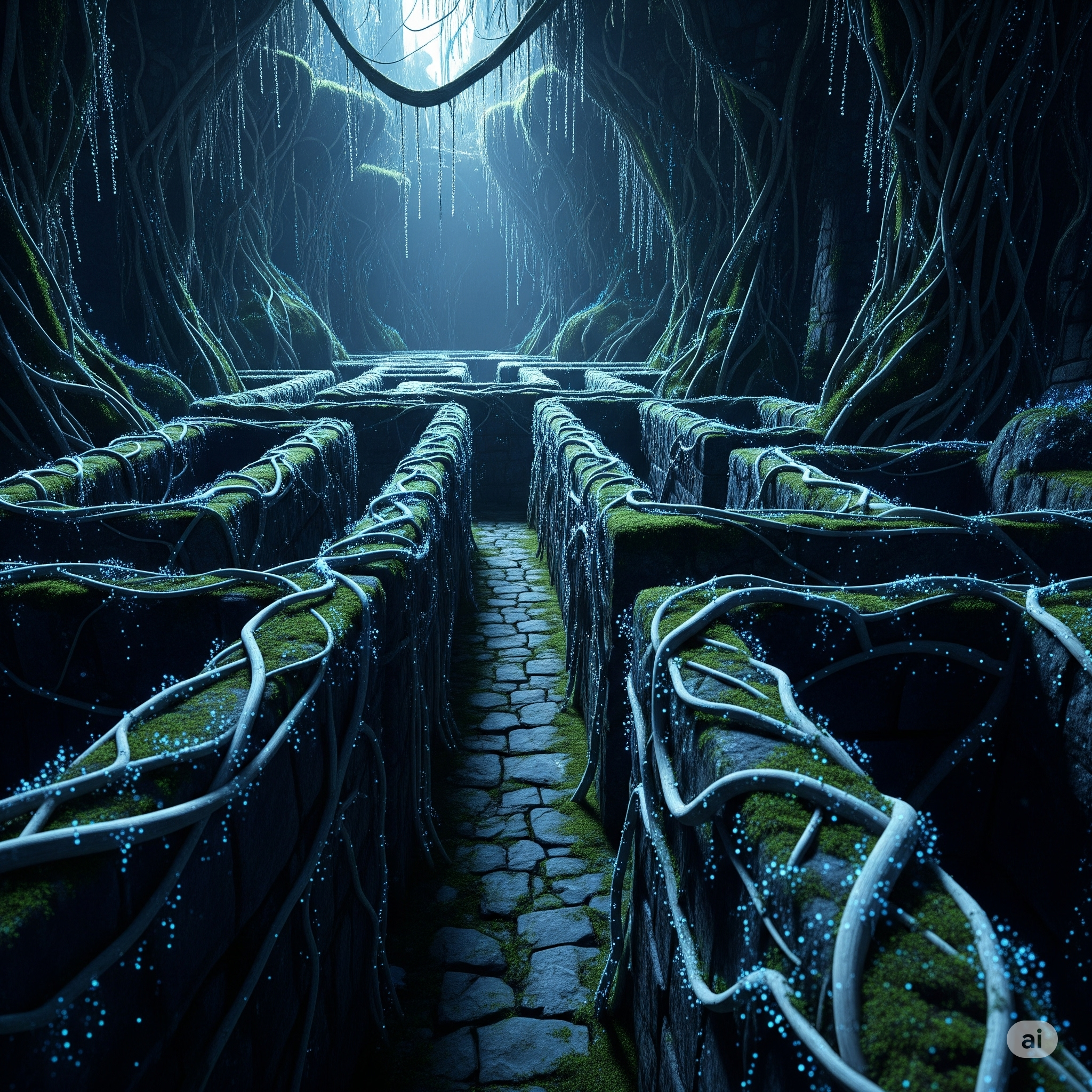 A dark, glowing, intricate maze-like labyrinth representing puzzles and paradoxes